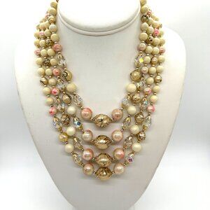 Vintage 4-Strand Japan Necklace Pink Swirled Beads Glass Acrylic Gold-Tone 1950s